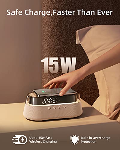 6 in 1 Digital Alarm Clock - Fast Wireless Charging 15W, Bluetooth Speaker, USB Charger and More