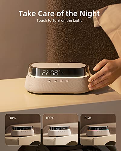 6 in 1 Digital Alarm Clock - Fast Wireless Charging 15W, Bluetooth Speaker, USB Charger and More