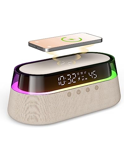 6 in 1 Digital Alarm Clock - Fast Wireless Charging 15W, Bluetooth Speaker, USB Charger and More