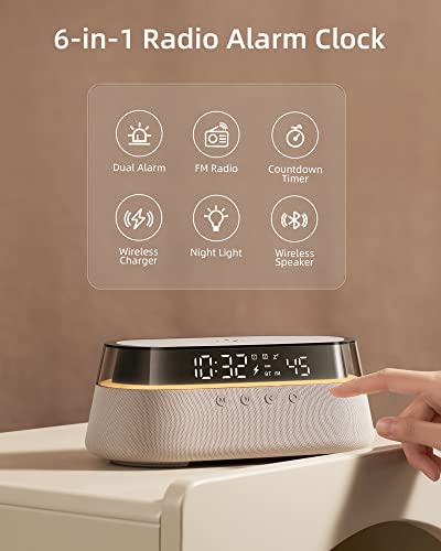 6 in 1 Digital Alarm Clock - Fast Wireless Charging 15W, Bluetooth Speaker, USB Charger and More