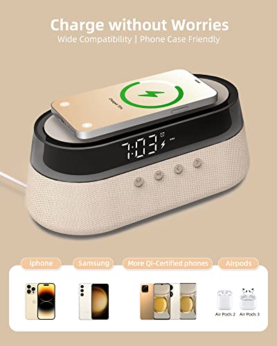 6 in 1 Digital Alarm Clock - Fast Wireless Charging 15W, Bluetooth Speaker, USB Charger and More